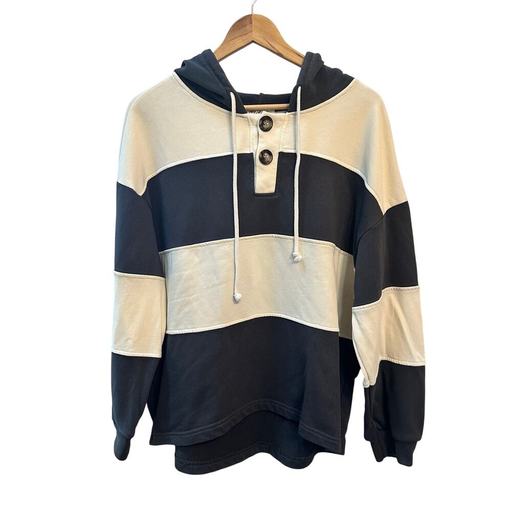 Listicle Pull Over Hoodie Button‎ Up Neckline Striped Colorblock Women’s Large